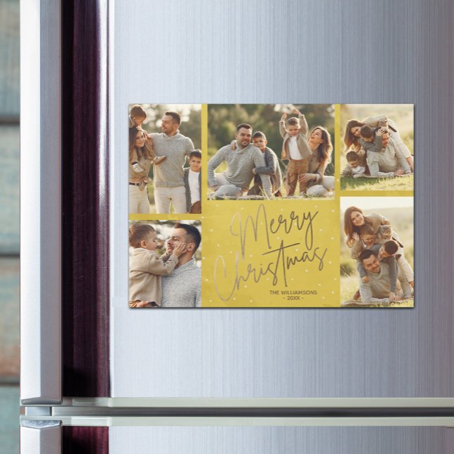 Tarjeta magnética amarilla con fotos de navidad do (Faux gold Merry Christmas 5 photo gold border magnetic Christmas cards)