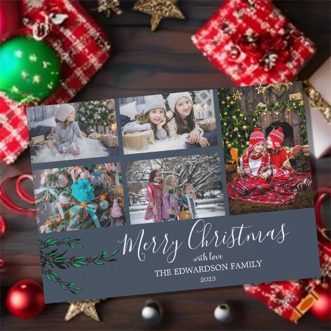 Tarjeta magnética azul para Navidades de collage d (Create your own unique magnetic Merry Christmas, family photo collage, Christmas card.)