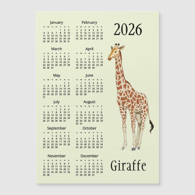Tarjeta Magnética Calendario Diseño Jirafa 2026 (Anverso)
