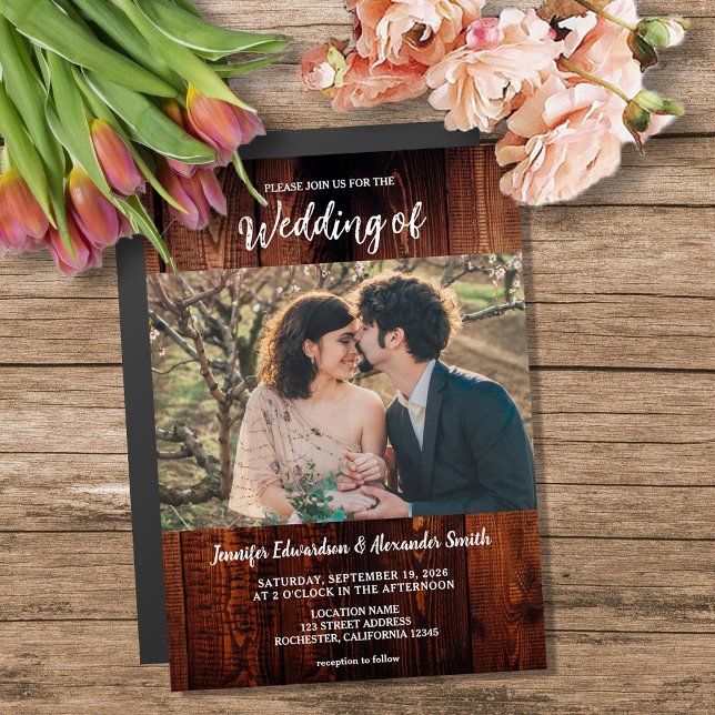 Tarjeta magnética de boda campestre con foto de ma (Rustic wood photo country wedding magnetic invitation. You can add your own photo and text.)