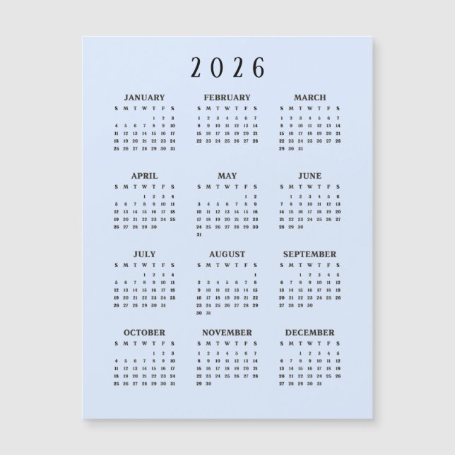 Tarjeta Magnética de Calendario 2026 Simple (Anverso)