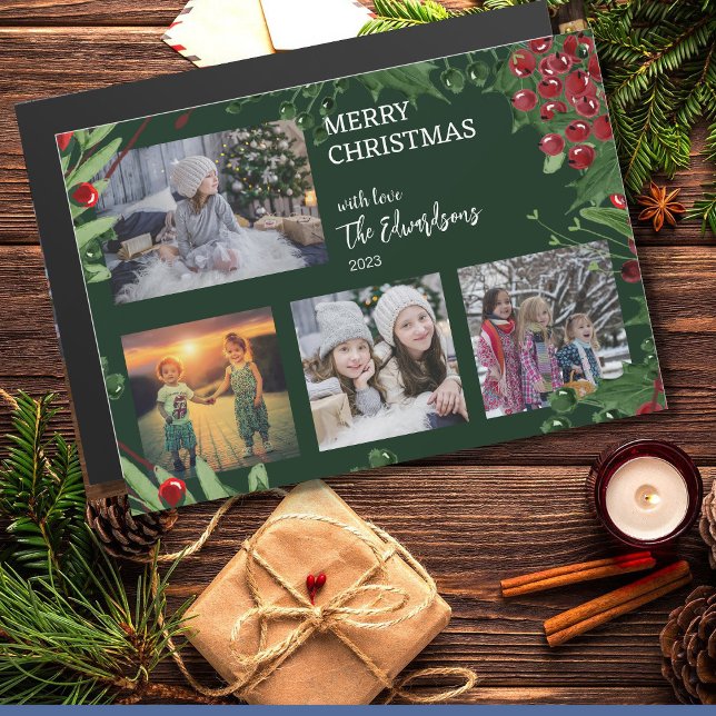 Tarjeta magnética de collage de fotos de la famili (Merry Christmas family photo collage magnetic card. Beautiful rustic unique Christmas card.)