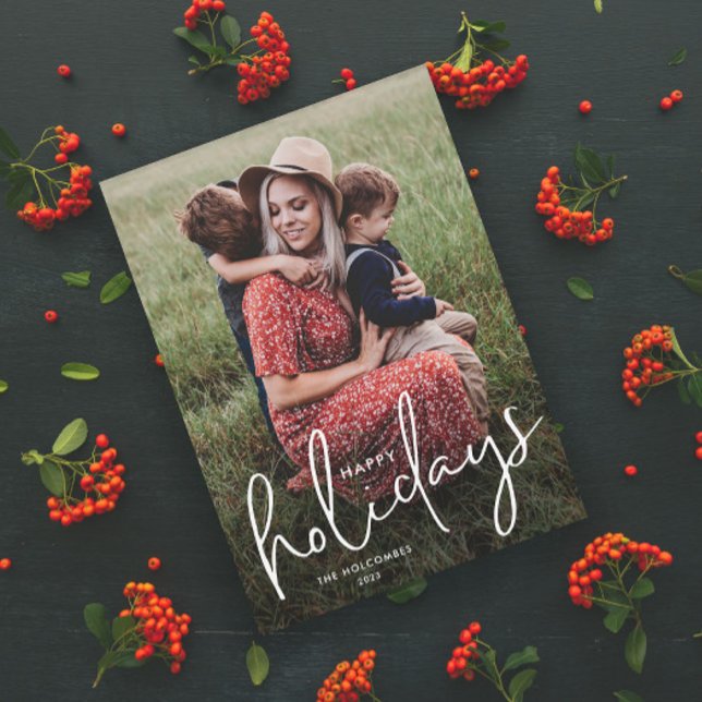 Tarjeta Magnética de Felices Fiestas con Letra Mod (Modern Script Happy Holidays Photo Holiday Magnetic Card with Handwritten Typographic Overlay.)