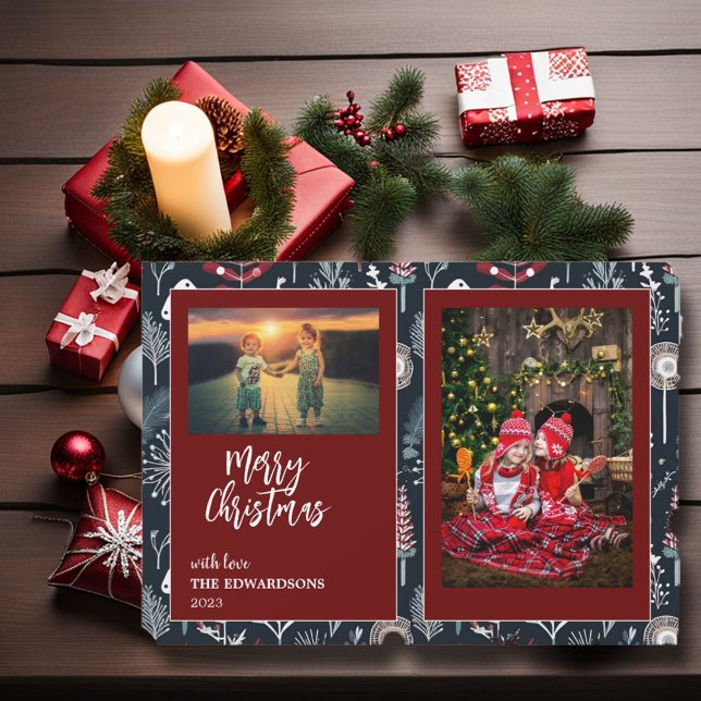 Tarjeta magnética de fotos de la familia Feliz Nav (Merry Christmas script, family photo collage Holiday card.)