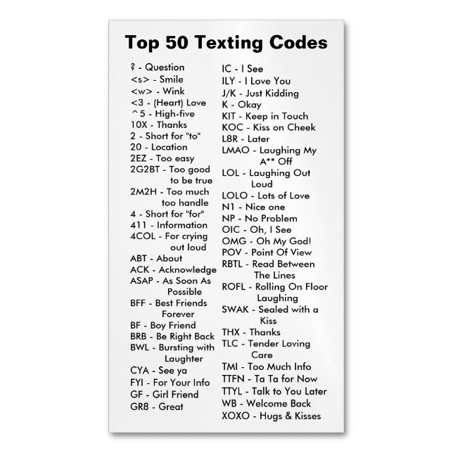 Tarjeta magnética de los 50 mejores códigos de tex (Frente vertical)