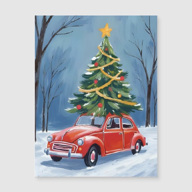 Tarjeta Magnética de Navidad de Coche Rojo Antiguo (Anverso)