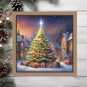 Tarjeta magnética del árbol navideño del pueblo