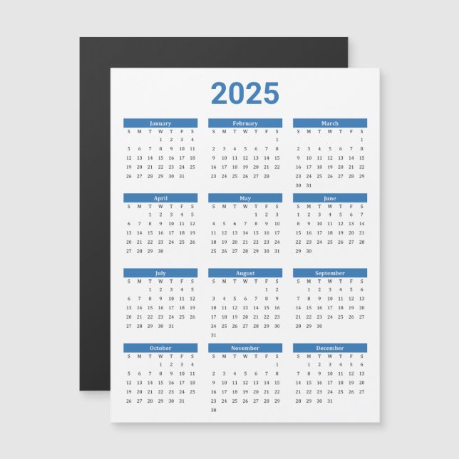 Tarjeta magnética del calendario anual 2025 azul y (Anverso/Reverso)