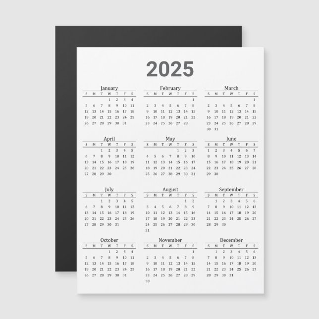 Tarjeta magnética del calendario anual de 2025 gri