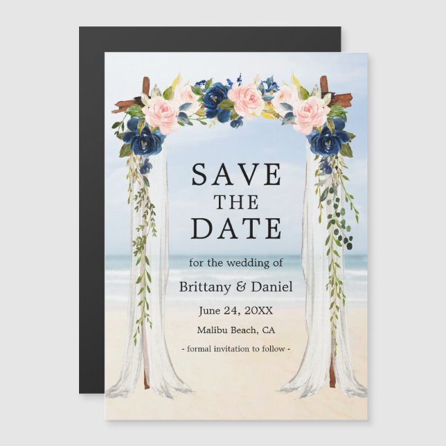 Tarjeta magnética floral rosa azul boda Beach (Anverso/Reverso)