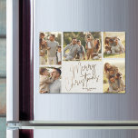 Tarjeta magnética Gold Merry Christmas Five Photos<br><div class="desc">Las tarjetas MAGNETIC para varios Navidades fotográficos incluyen el nombre de tu familia y las palabras Feliz Navidad con letras de oro de moda en un fondo blanco roto. MÁS DISEÑOS y colores en nuestra tienda.</div>