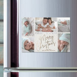 Tarjeta magnética Gold Merry Christmas Five Photos<br><div class="desc">Las tarjetas MAGNETIC para varios Navidades fotográficos incluyen sus nombres y las palabras Feliz Navidad con letras de oro de moda en un fondo blanco roto. MÁS DISEÑOS y colores en nuestra tienda.</div>