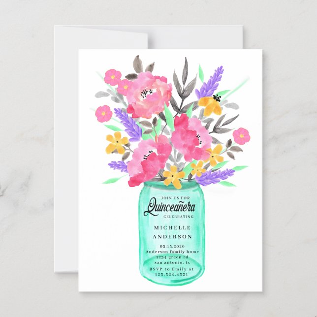 Tarjeta magnética Mason Jar Floral Bouquet Quincea (Anverso)
