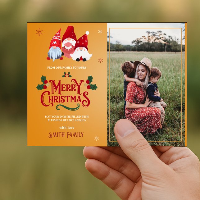 Tarjeta magnética para Navidades de fotografía de  (Cute Gnome Family Photo Christmas Magnetic Card)