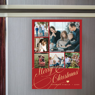 Tarjeta magnética roja de Navidad con foto familia