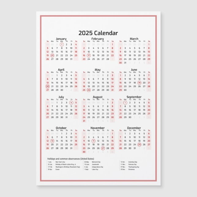 Tarjeta magnética rosa minimalista Calendario 2025 (Anverso)