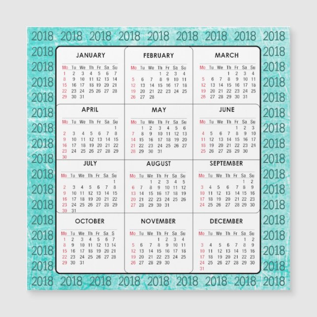 Tarjeta magnética verde azulada 2018 Calendar Squa (Anverso)