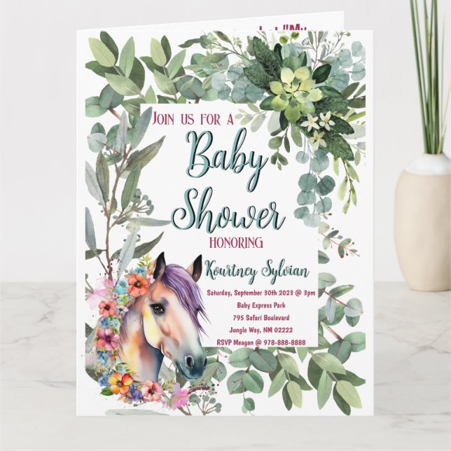 Tarjeta Magnífica acuarela Floral Horse Baby Shower (Anverso)