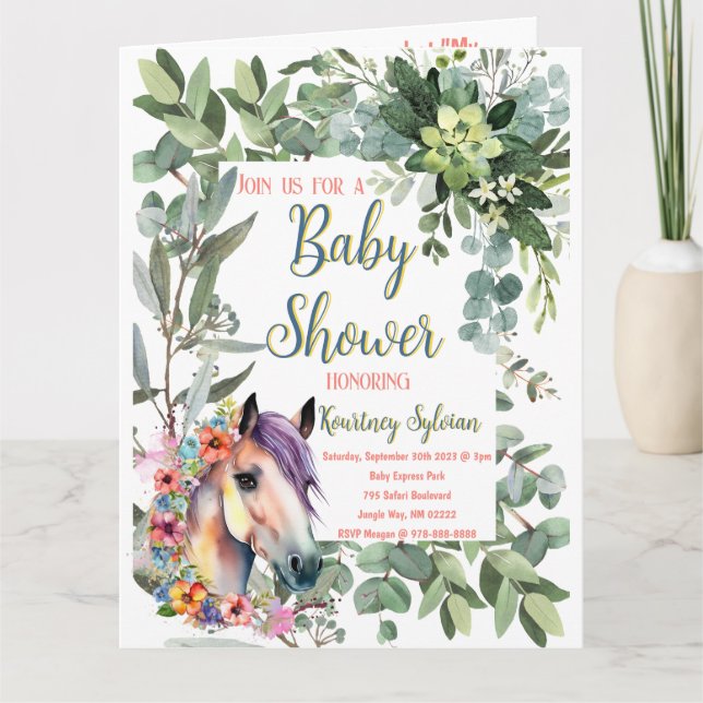 Tarjeta Magnífica acuarela Floral Horse Baby Shower (Anverso)