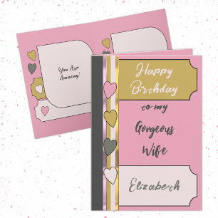 Tarjeta Magnífica esposa asombrosa cumpleaños dorado rosad