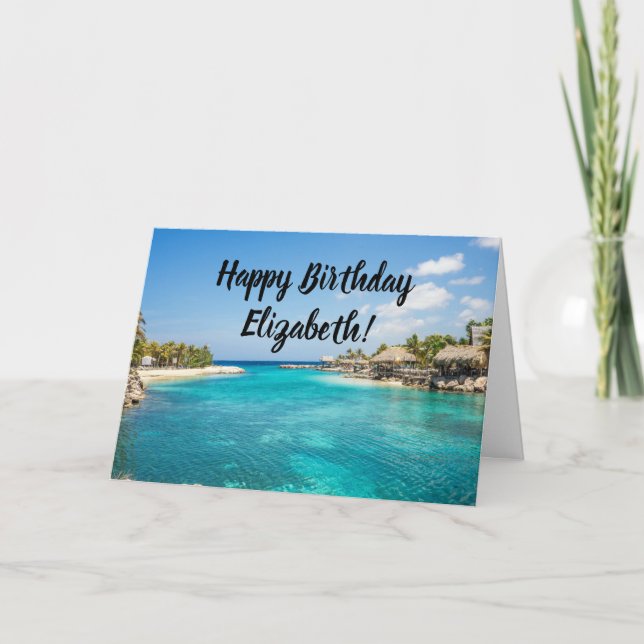 Tarjeta Magnífica playa tropical azul con cabañas de paja (Anverso)
