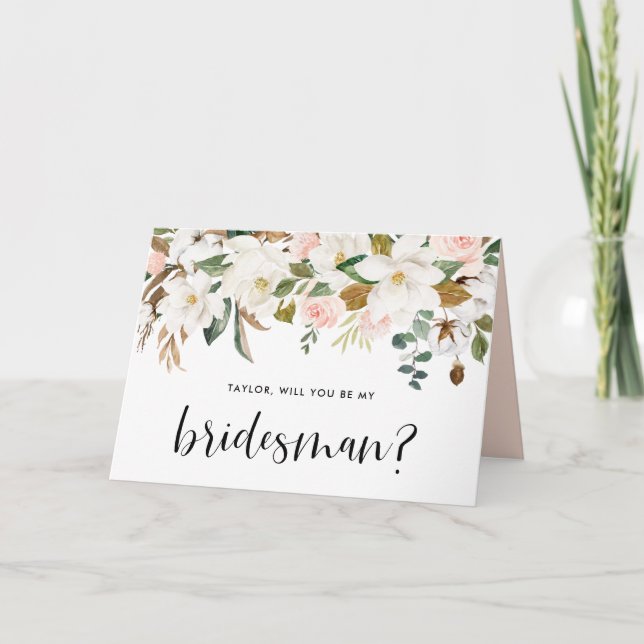 Tarjeta Magnolia Cotton Garland Serás Mi Bridesman (Anverso)
