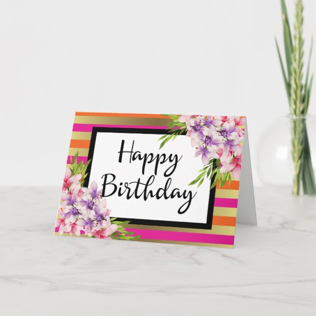 Tarjeta Magnolia en franjas de oro rosadas y falsas Cumple (Anverso)