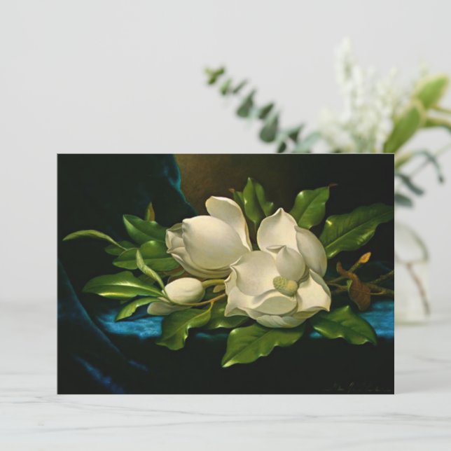 Tarjeta Magnolia gigante con tela de terciopelo azul (Anverso de pie)