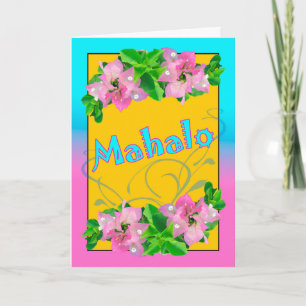 Tarjeta Mahalo gracias en hawaiano con Bougainvillea