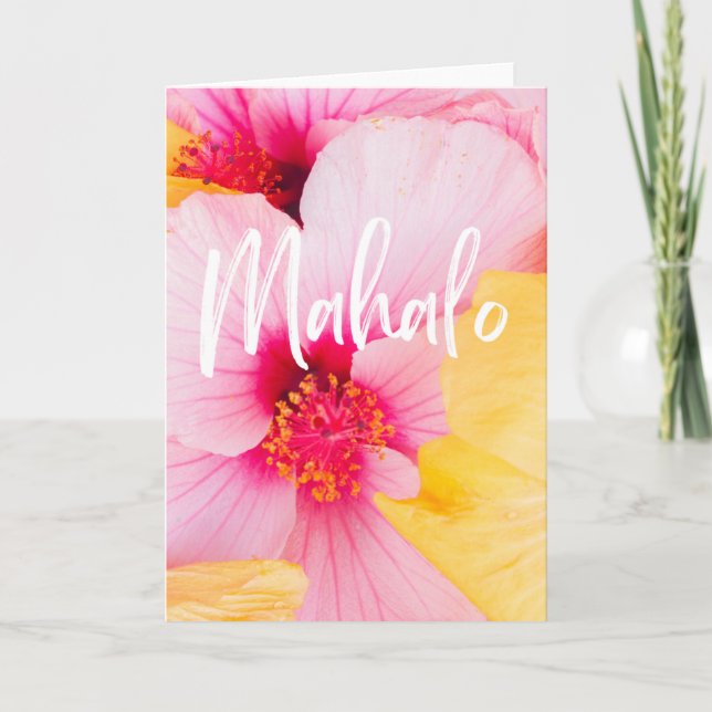 Tarjeta Mahalo Gracias Hibiscus hawaiano amarillo rosado (Anverso)