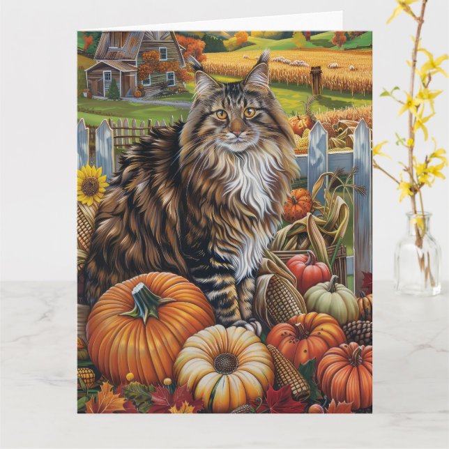 Tarjeta Maine Coon Cat otoño Harvest Acción de Gracias (flor amarilla)