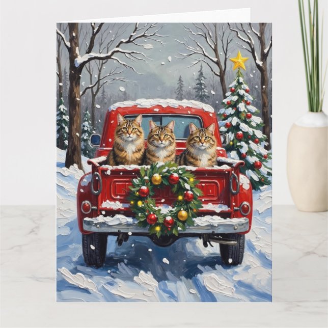Tarjeta Maine Coon Christmas Red Truck Holiday (Anverso)