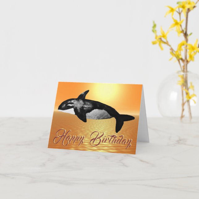 Tarjeta Majestic Orca Orange Ocean Sunset Birthday Card (flor amarilla)