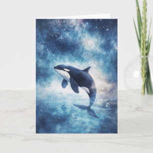 Tarjeta Majestuosa Orca Elevándose Entre las Estrellas