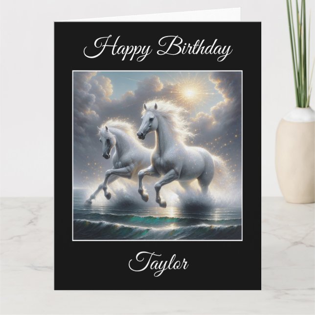 Tarjeta Majestuoso paisaje Purpurinoso de caballos blancos (Anverso)
