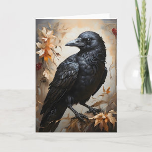 Tarjeta Majestuoso retrato de cuervo negro Flores Luna Bla