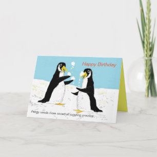 Tarjeta Malabarismo de bola de nieve con pingüino.Tarjeta 