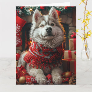 Tarjeta Malamute de Alaska con regalos de Navidad en la ch