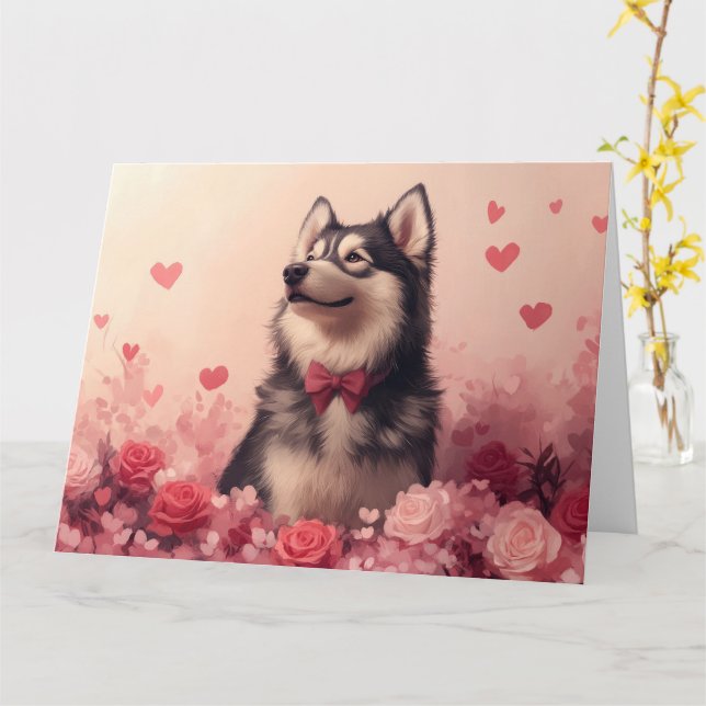 Tarjeta Malamute de Alaska con Rosas - Día de San Valentín (flor amarilla)