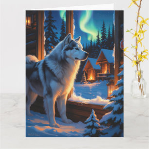 Tarjeta Malamute de Alaska con vacaciones de Navidades
