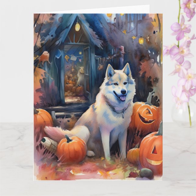 Tarjeta Malamute de Alaska de Halloween con calabazas Espa (Orquídea)
