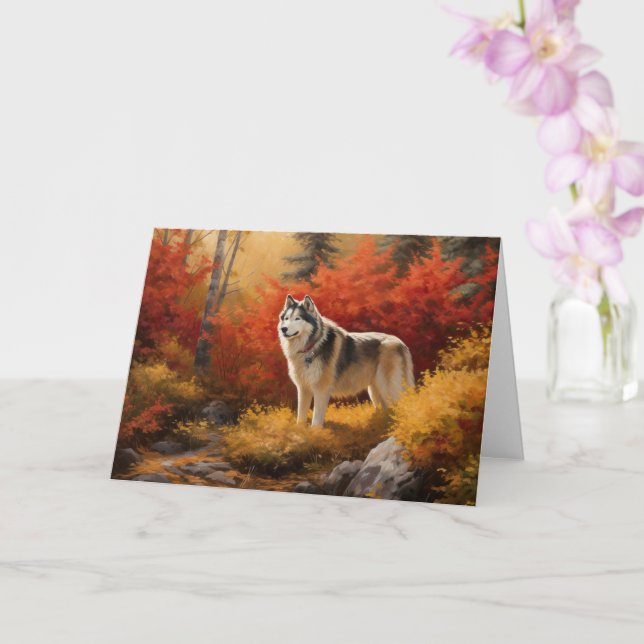 Tarjeta Malamute de Alaska en hojas de otoño se inspira (Orquídea)