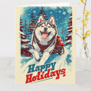 Tarjeta Malamute de Alaska en Navidades de nieve