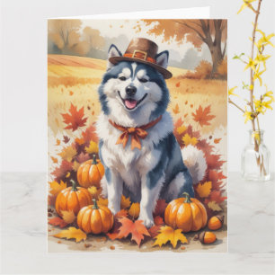 Tarjeta Malamute de Alaska en otoño deja arte de Acción de