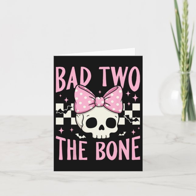 Tarjeta Malas Dos Cráneo Óseo Con Bow Rosa Para Halloween (Anverso)