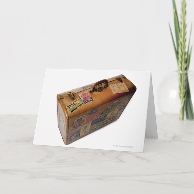 Tarjeta maleta antigua con pegatinas de viajes (Anverso)