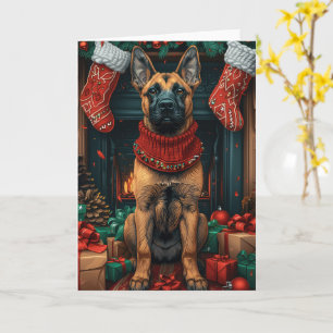 Tarjeta Malinois Belga Con Chimenea De Regalos Navidades