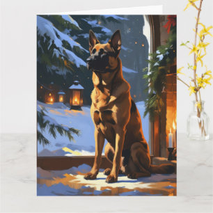 Tarjeta Malinois belga con feriado de luces Navidades