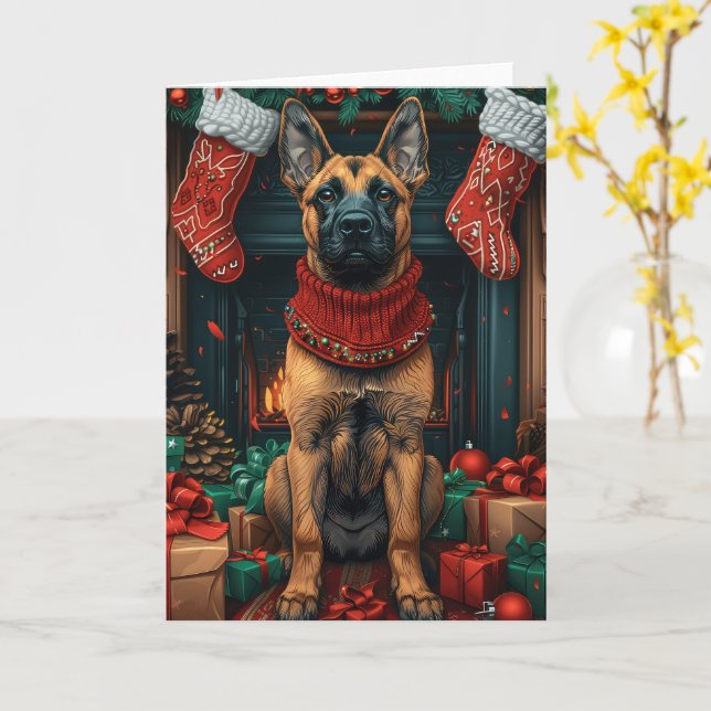 Tarjeta Malinois Belga Con Regalos De Navidad Chimenea  (flor amarilla)