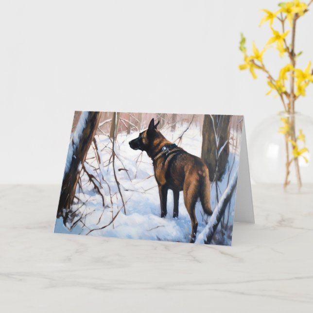 Tarjeta Malinois belga deja que neven a Navidades (flor amarilla)